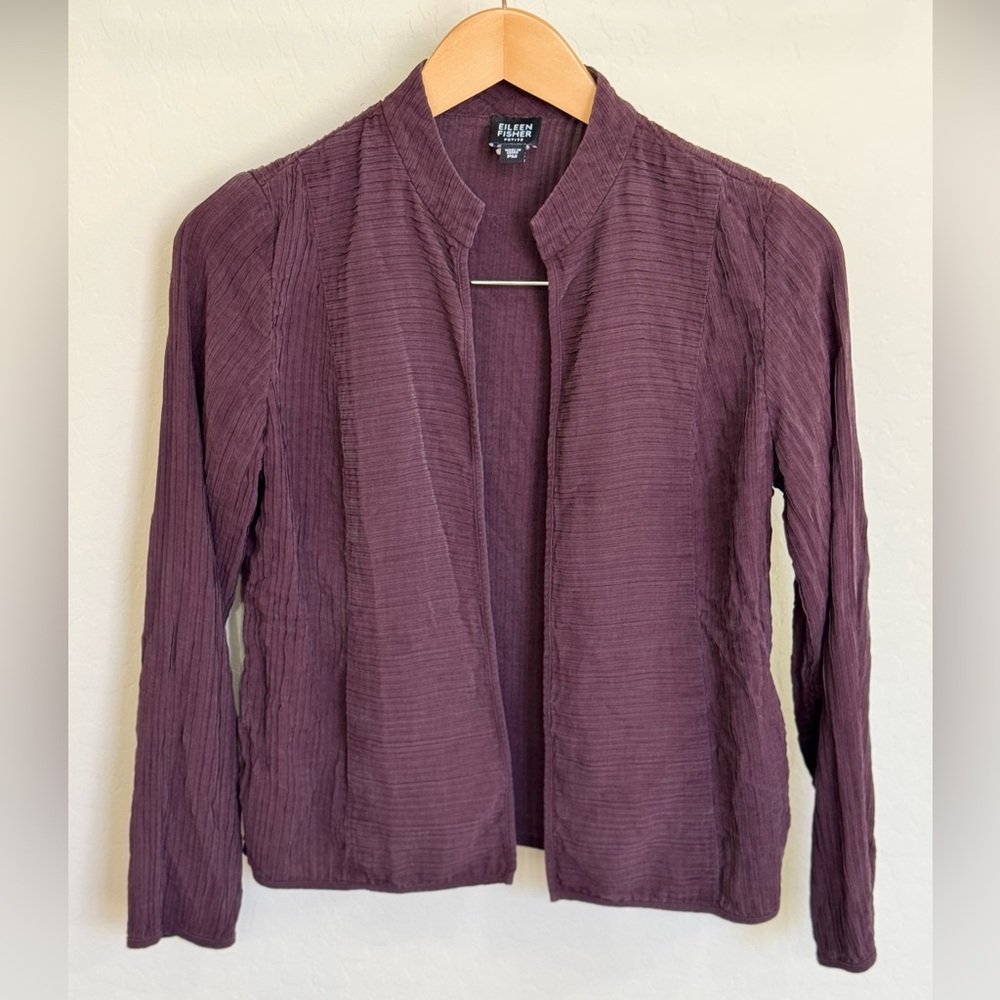 Eileen Fisher Petite Plum Purple 100% Silk Crinkle Pleated Open-Front Jacket